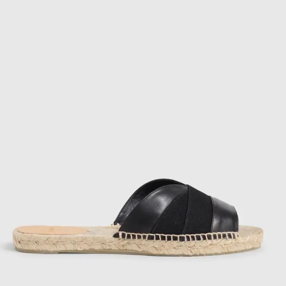 Castañer Pasi Black Leather Espadrille Slides Flat Sandals Size 5 Summer Chic